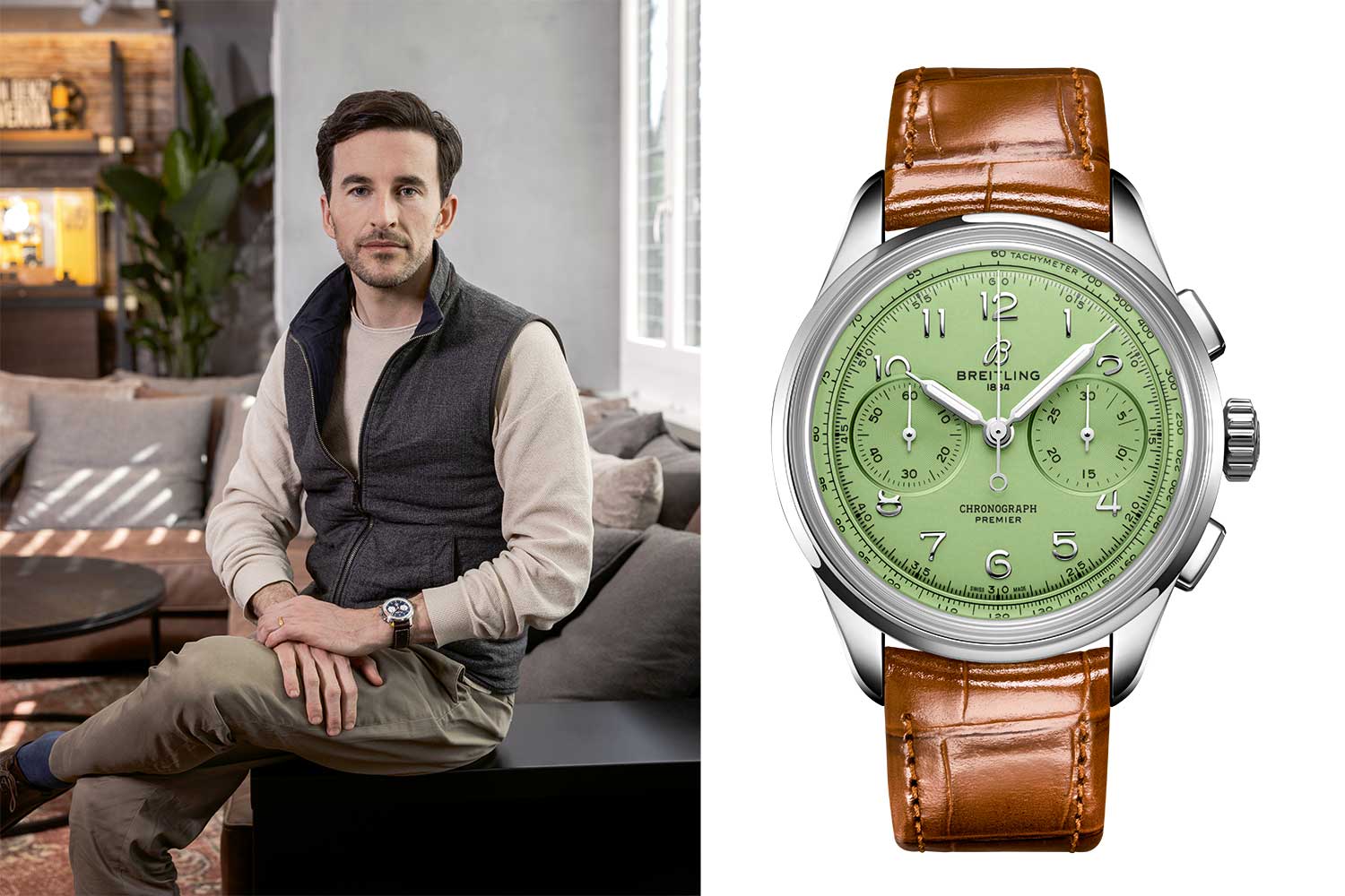Breitling’s Creative Director, Sylvain Berneron; In 2021, the Brietling Premier B09 Chronograph 40 was released with a compelling pistachio dial