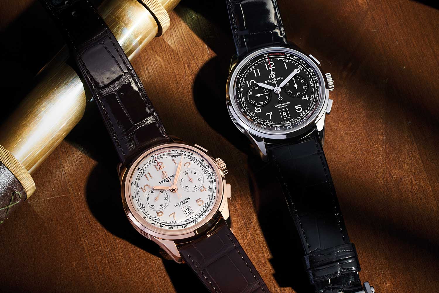 In 2021 Breitling released a Premier B09 Chronograph 40 in stainless steel with a pistachio green dial, a Premier B15 Duograph 42 in 18k red gold with a black dial and a Premier B25 Datora 42 in stainless steel with a copper dial, contemporary takes on their 1940s ancestors