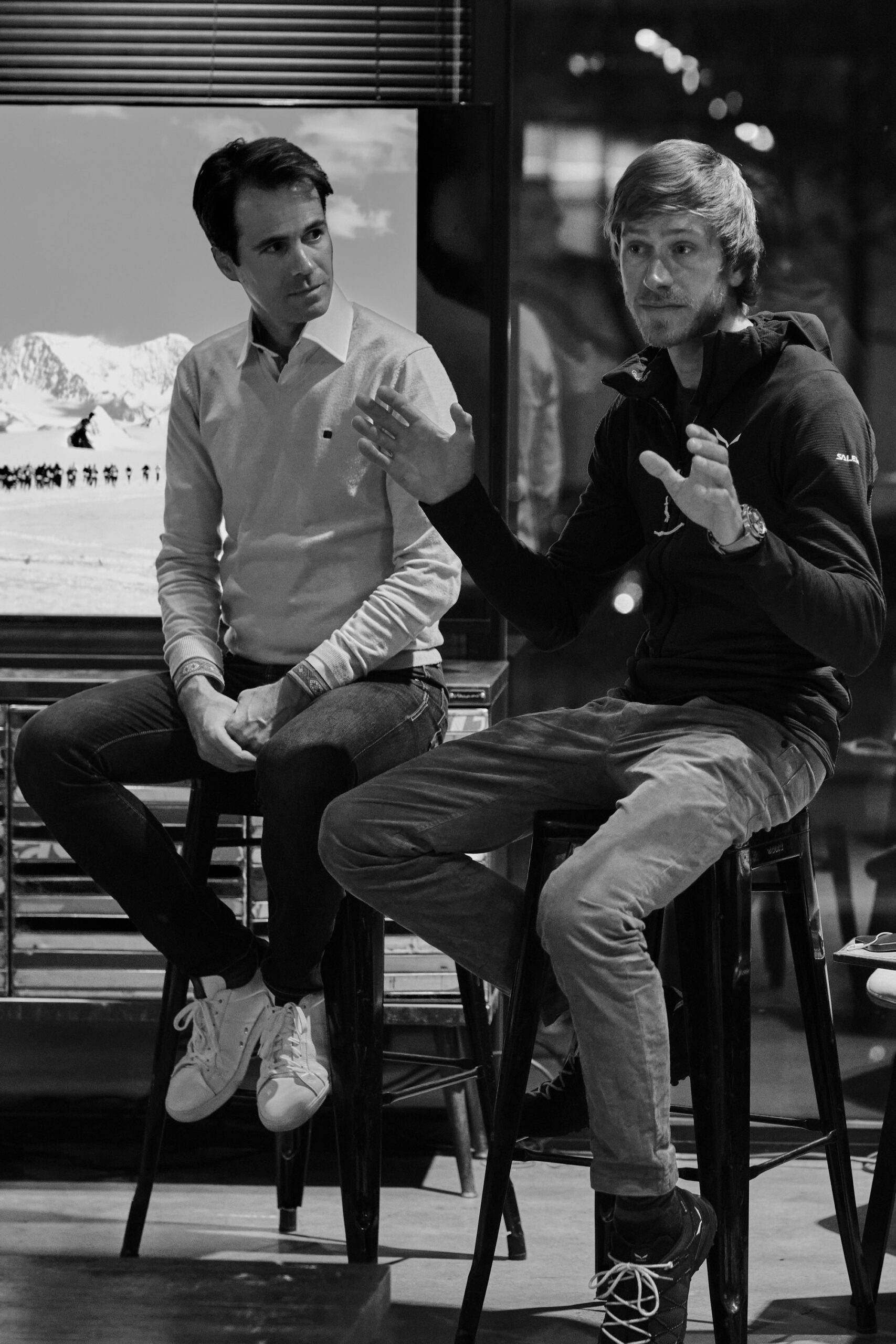 Laurent Lecamp (left) and Simon Messner at the Classic Car Club Manhattan speaking about having just returned from the Antartic Ice Marathon (Image: Troy Barmore)