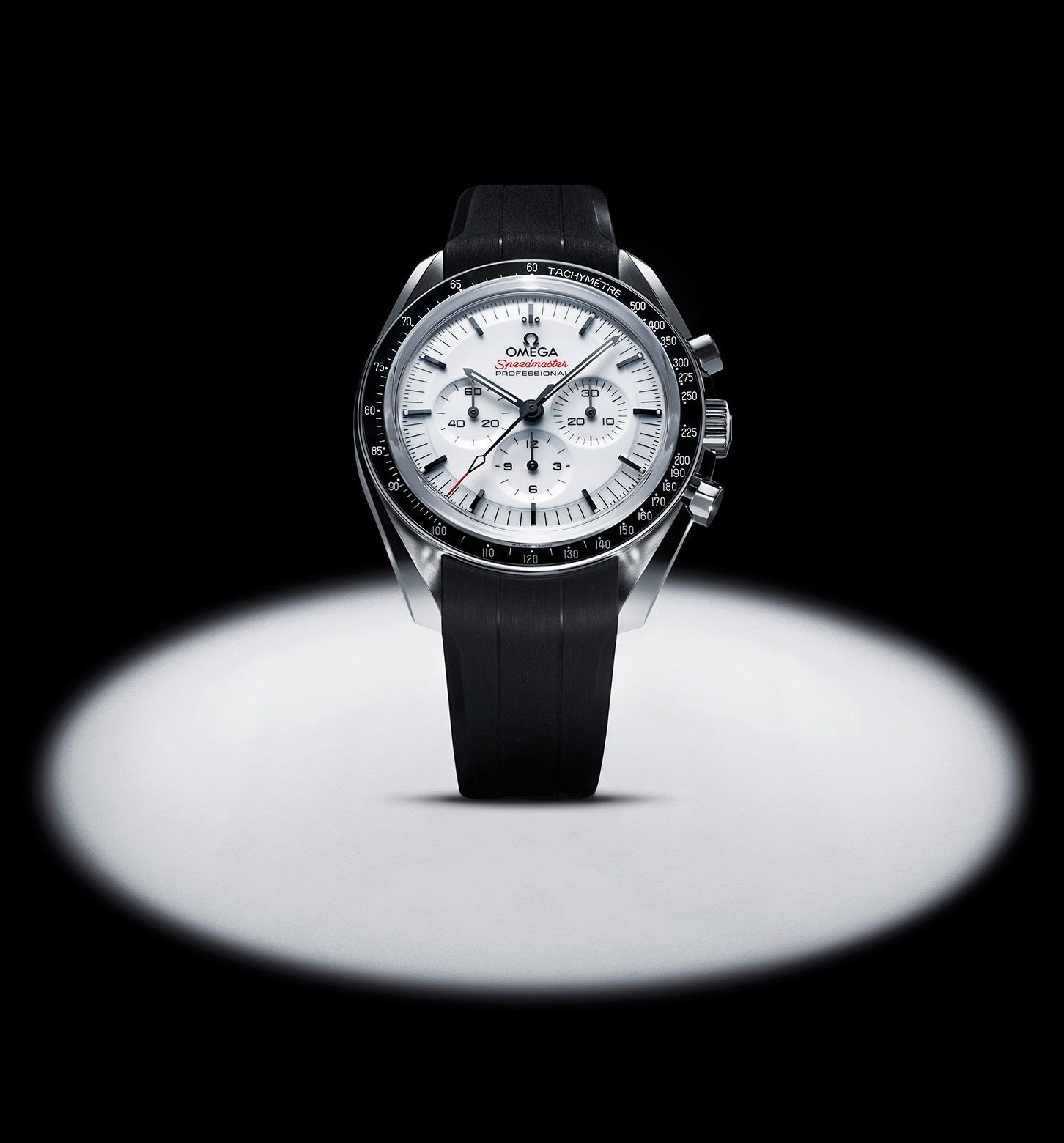 Omega Speedmaster Moonwatch in white dial with black rubber strap