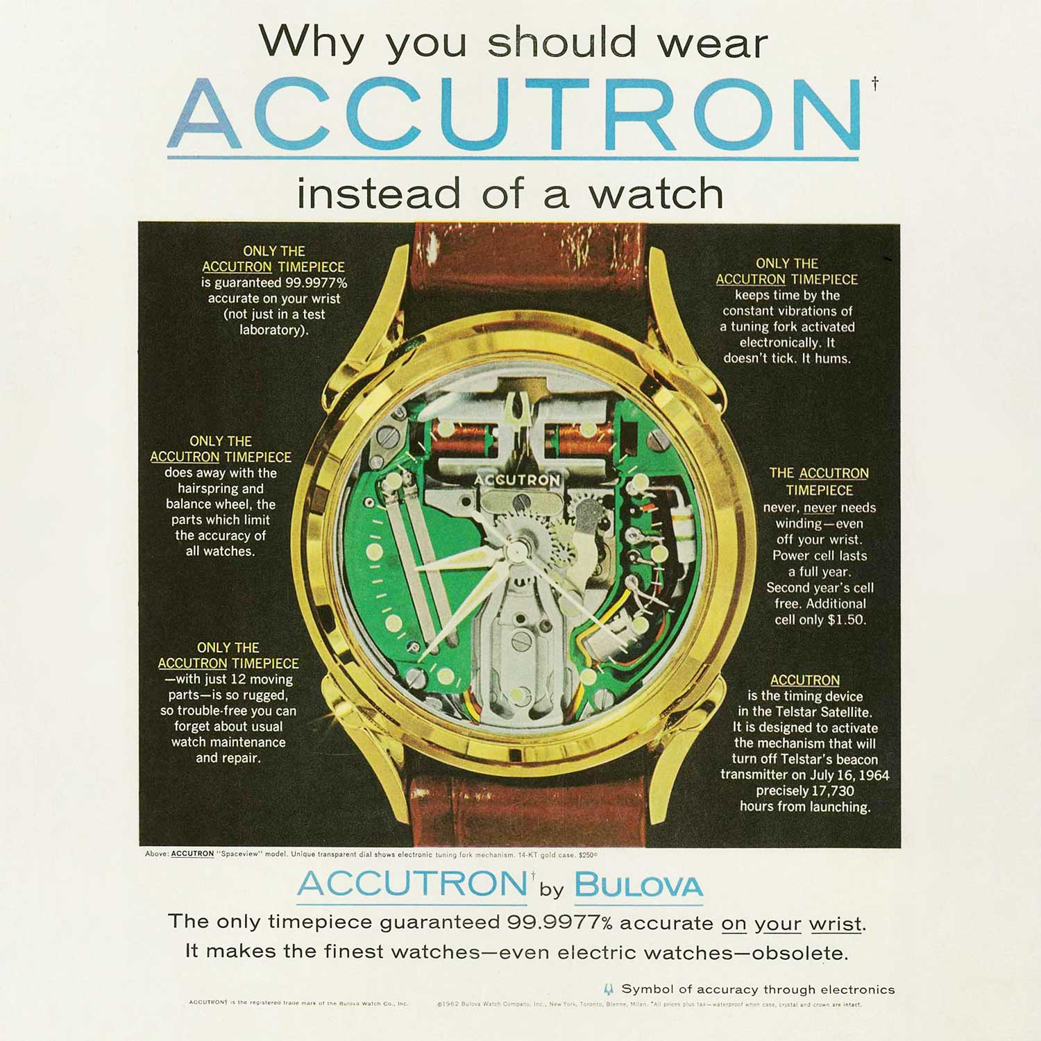 Accutron's revolutionary technology inspired out-of-the-box messaging, shown in this 1962 advertisement (Image: Accutron)