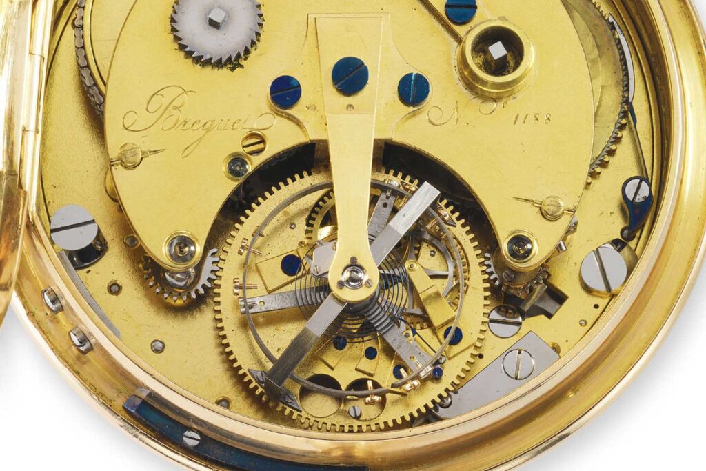 Breguet No. 1188 with a four minute tourbillon and a natural escapement-The larger 12-tooth escape wheel is driven by a wheel beneath which drives a pinion. The pinion in turn drives the second escape wheel with three teeth
