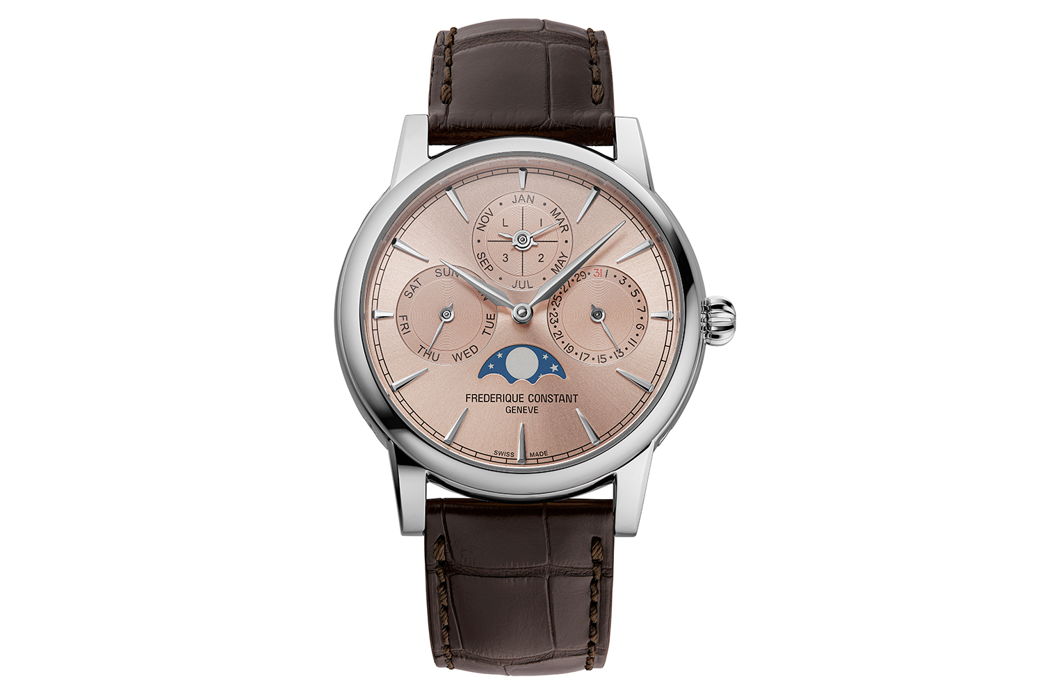 The Frederique Constant Classic Perpetual Calendar Manufacture now comes in a new Classic case with gentler lines, slimmer lugs, and a more compact diameter of 40mm