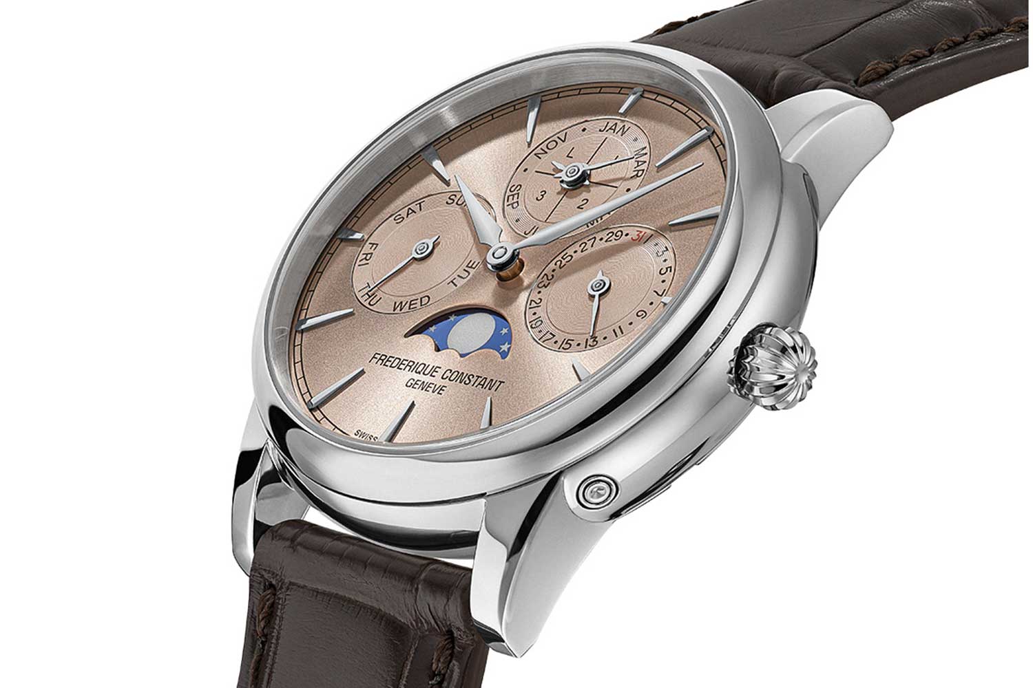 The dial features a new salmon shade, along with slender hour markers