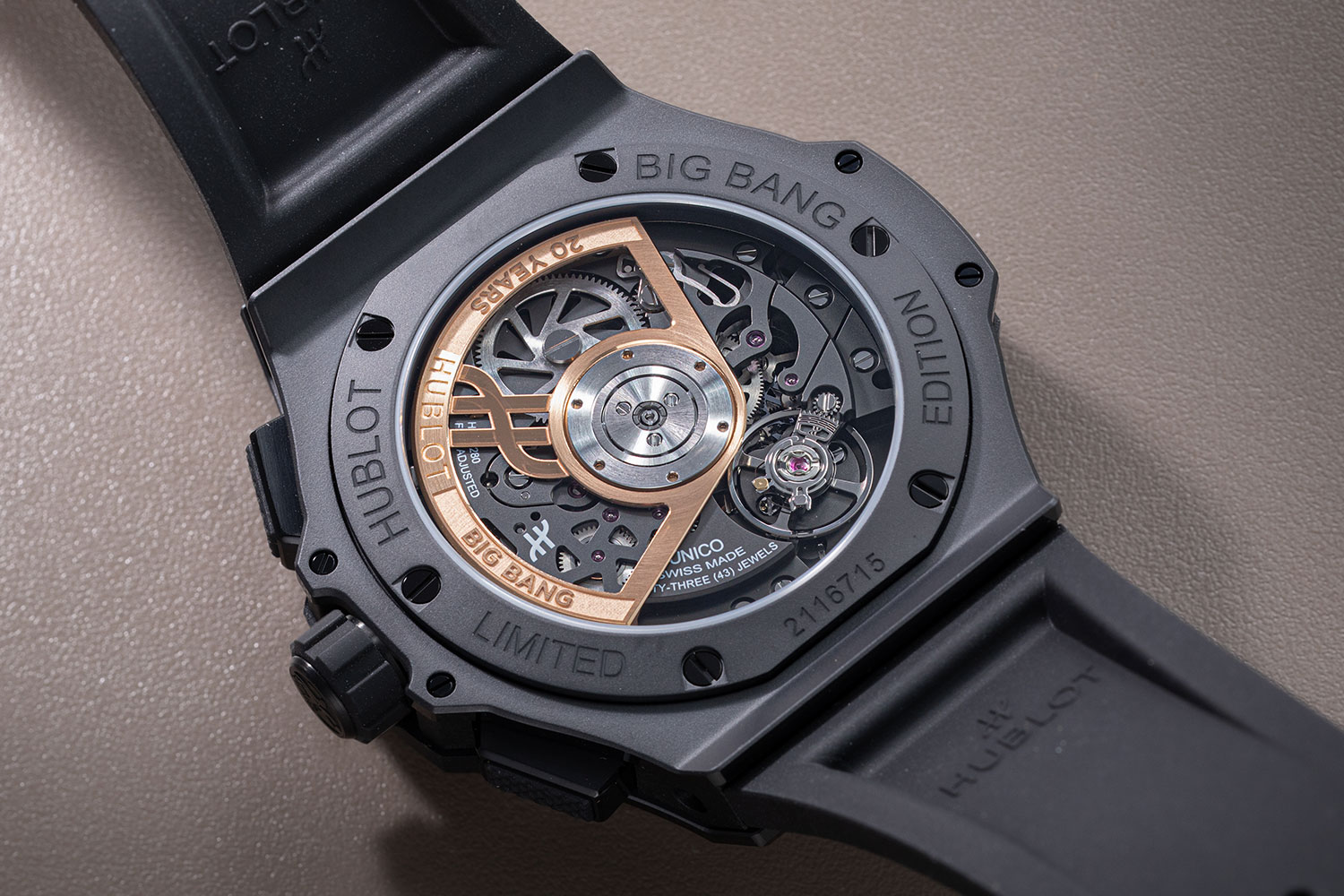 Each model is powered by Hublot's in-house MHUB1280.20YEARS flyback chronograph movement, complete with a special gold rotor commemorating the collection's 20th anniversary. Image: Revolution ©