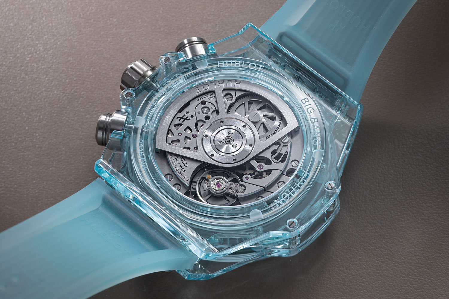 Encased with the Water Blue sapphire crystal, the movement is finished in a sleek grey tone. Image: Revolution ©