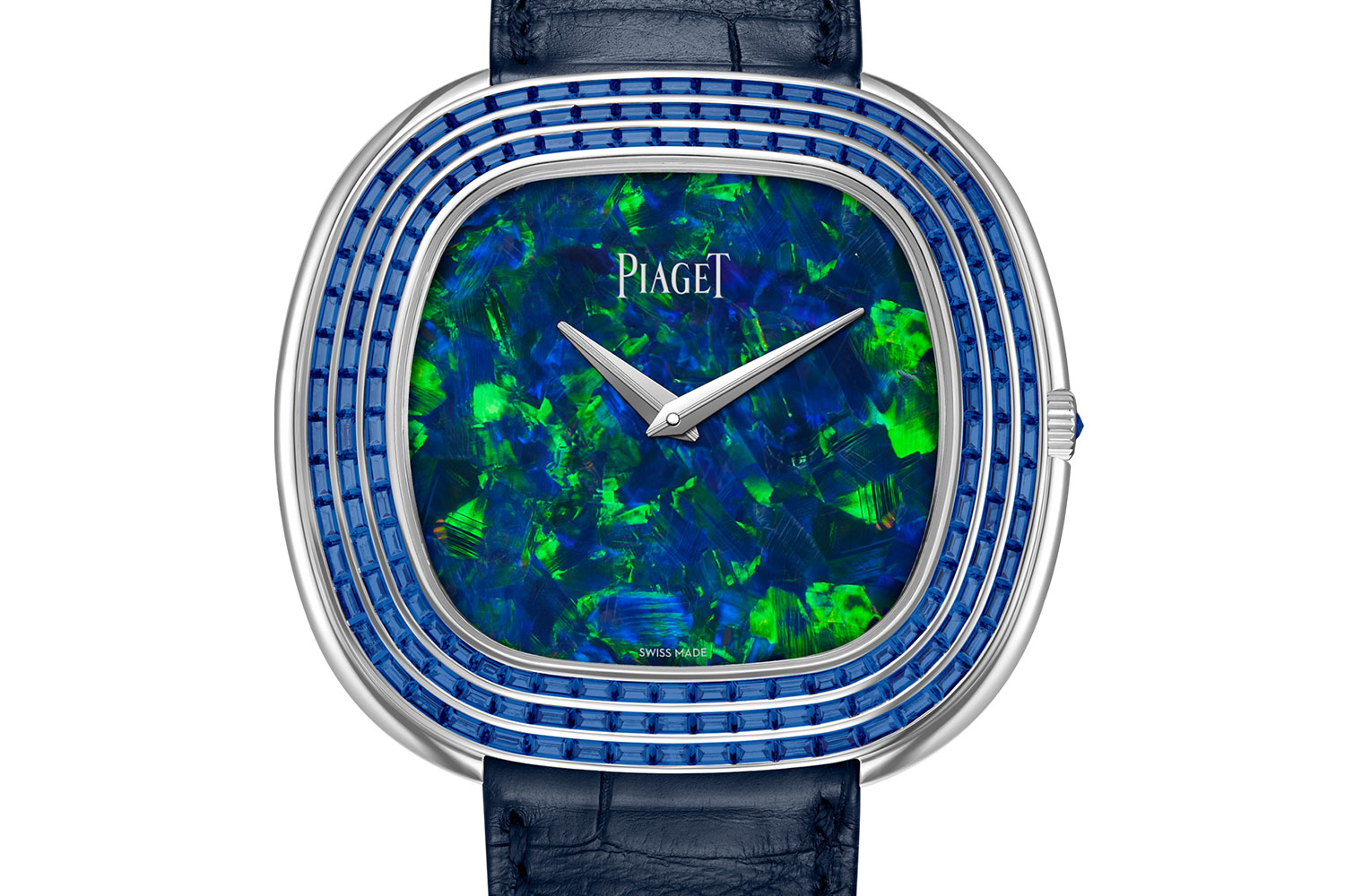 Piaget Andy Warhol with opal dial and bezel set with triple-row, baguette-cut blue sapphires