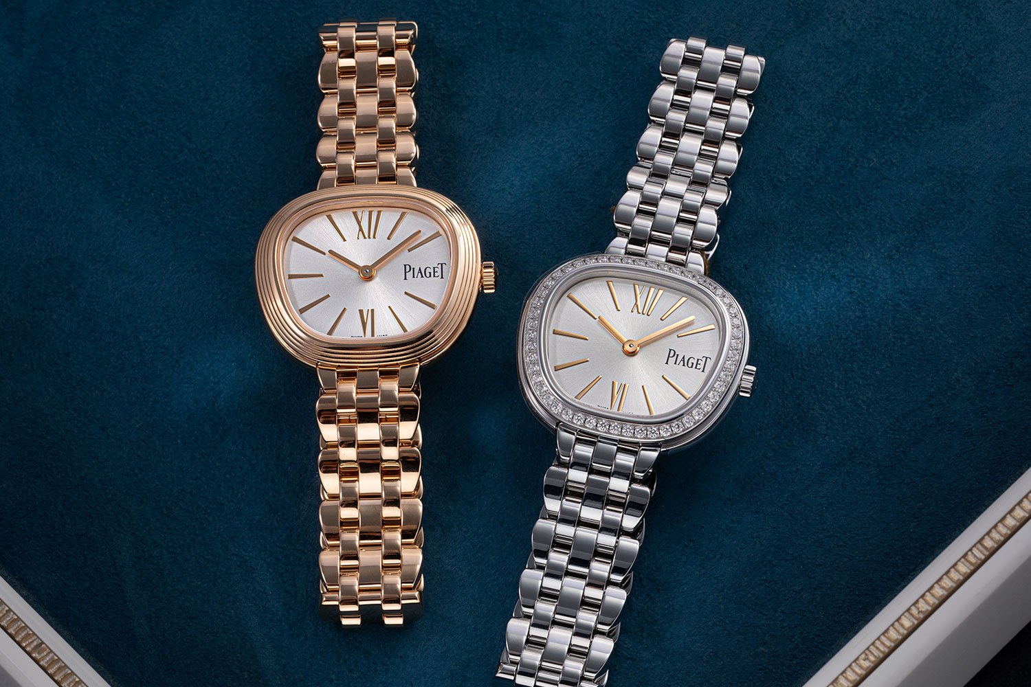 Piaget Sixtie in full 18K pink gold (left) and steel and diamonds (right). Image: Revolution ©