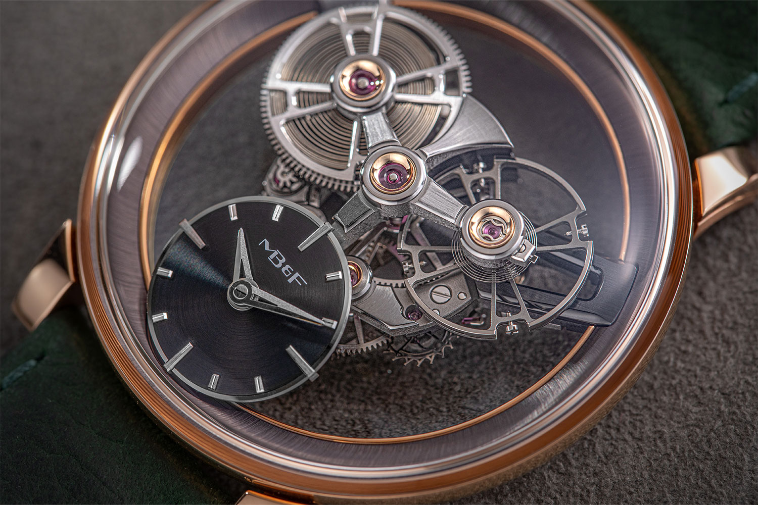 Rose gold MB&F SP One with anthracite bevelled flange and angled subdial