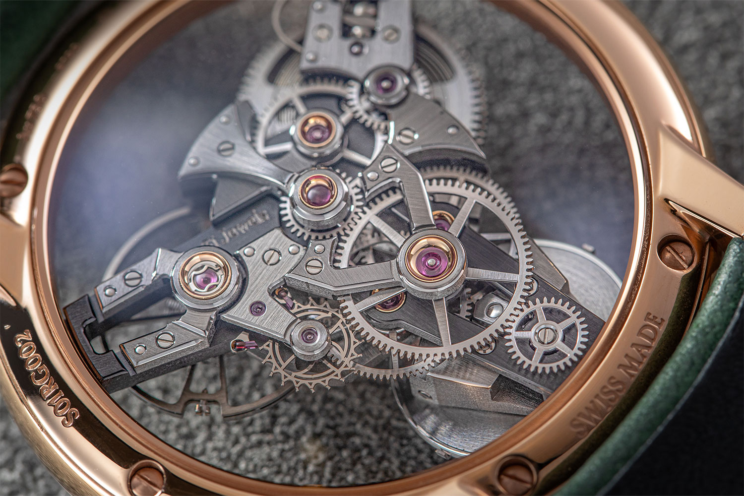 Rear view of MB&F SP One movement with ruthenium-coated bridges