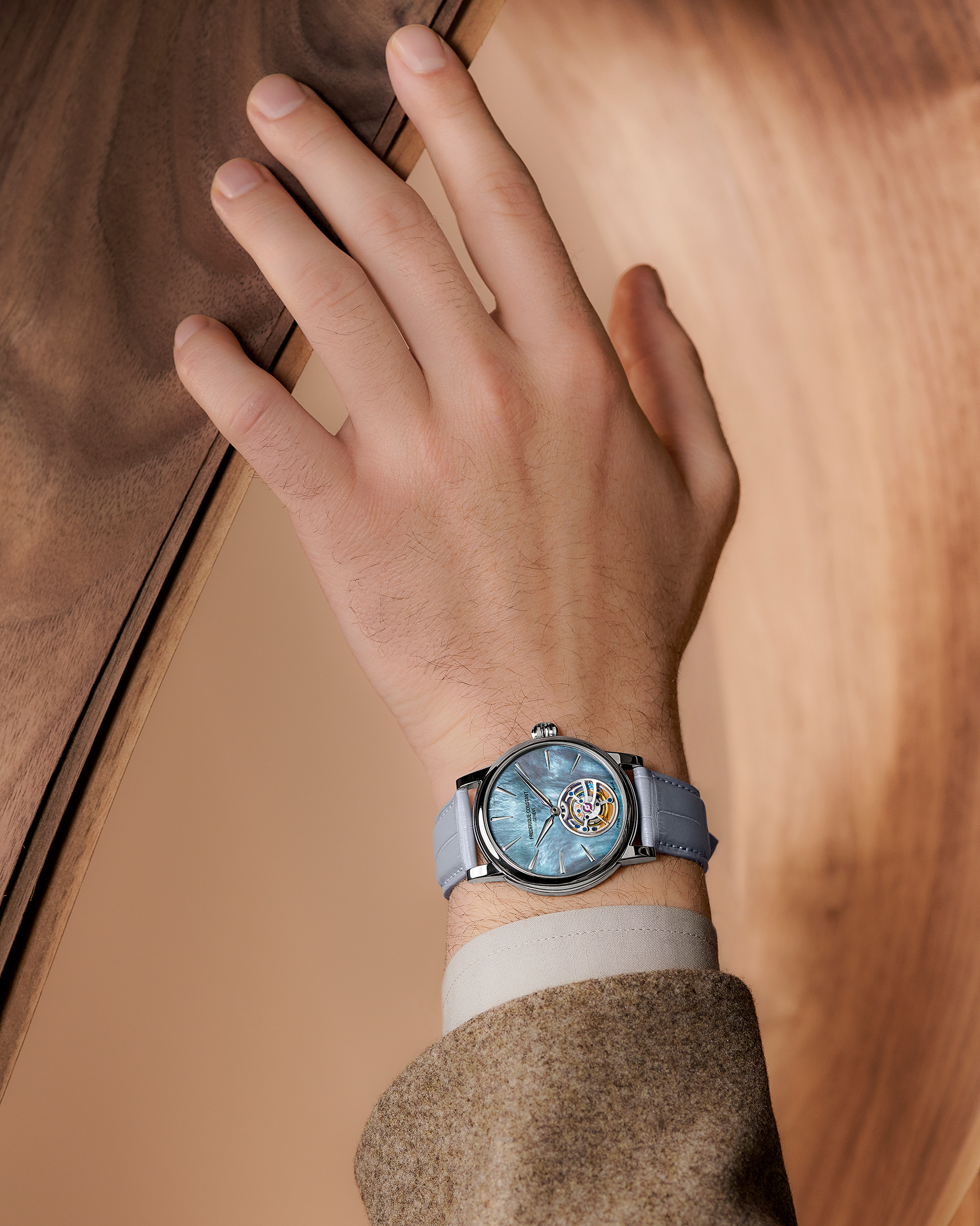 Wrist shot of Frederique Constant Tourbillon Manufacture showing dial and strap