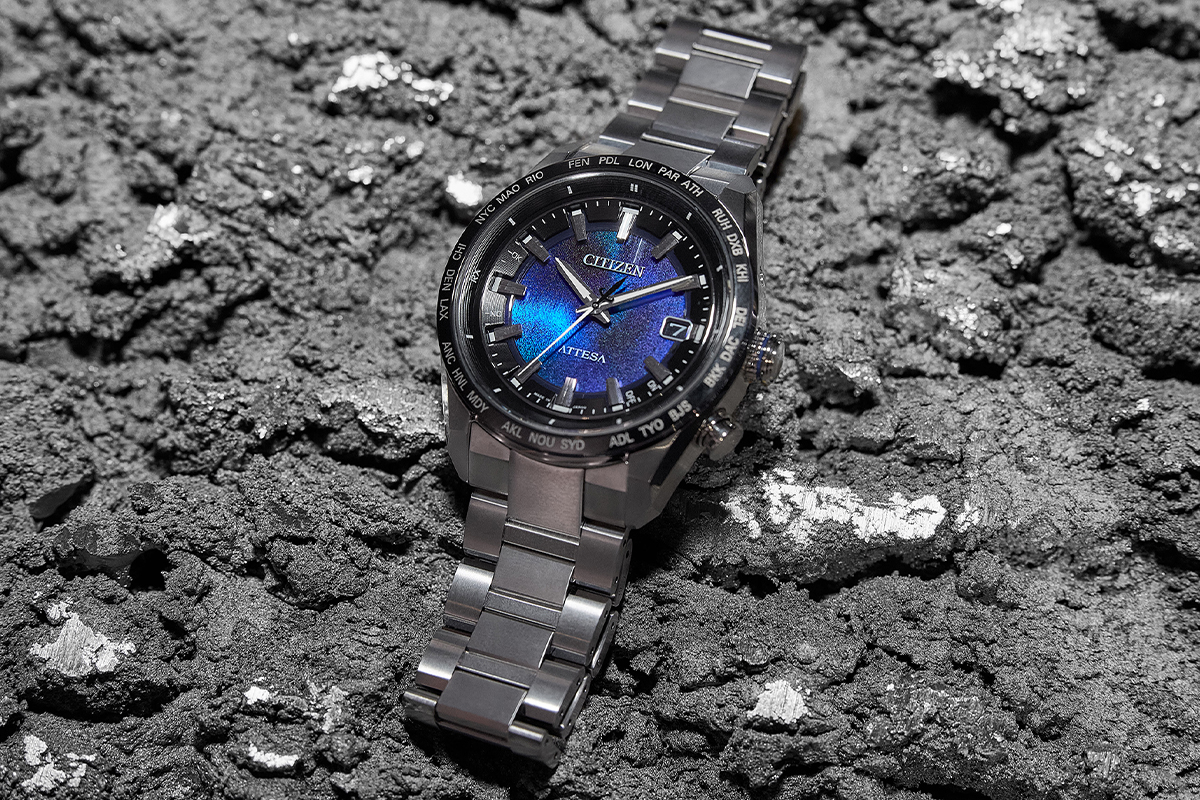 Citizen Attesa World Time watch with blue dial and titanium case from the UNITE with BLUE collection