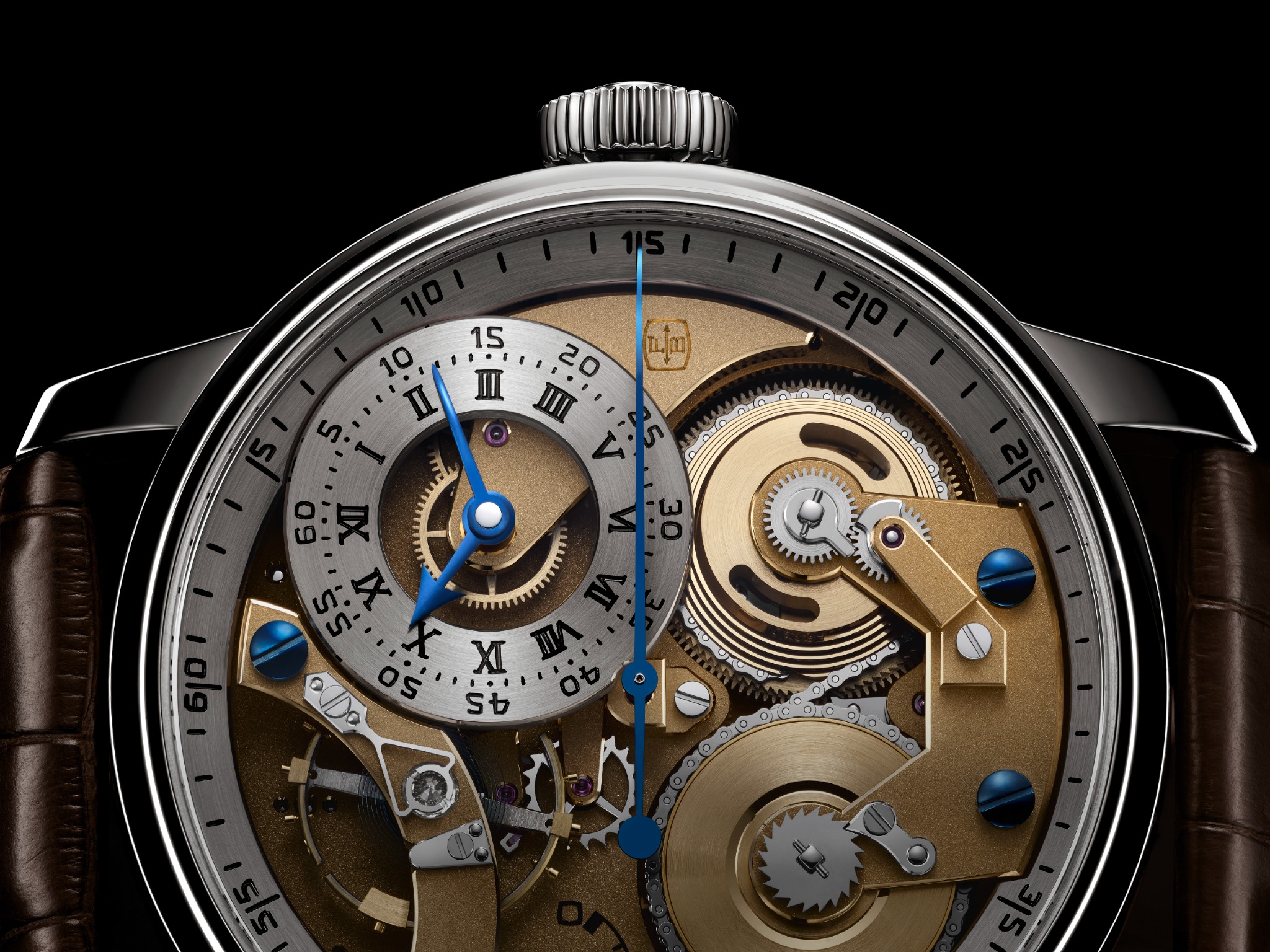 Close-up of the dial of the Naissance d'une Montre 3 with flame-blued seconds hand and Roman numerals