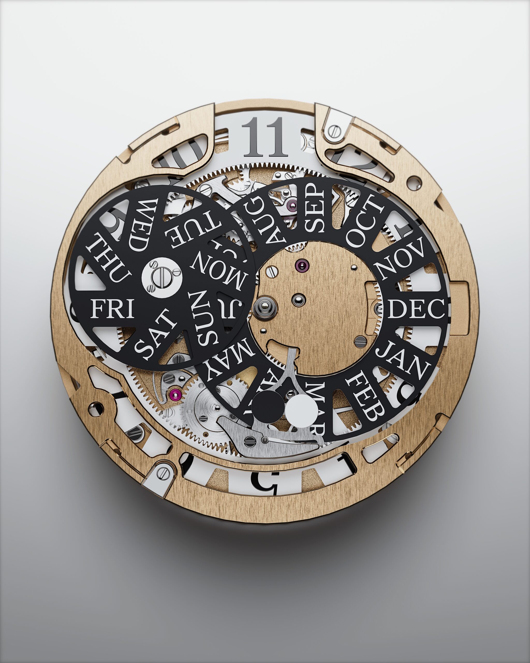 Photograph of Berneron annual calendar movement with large black discs for days and months surrounding the central wheel.