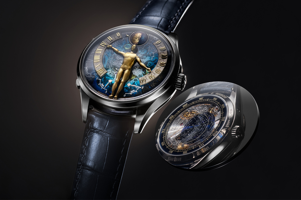 Front view of Vacheron Constantin Métiers d’Art Tribute to the Quest of Time wristwatch with golden figure, retrograde displays, and celestial dial.