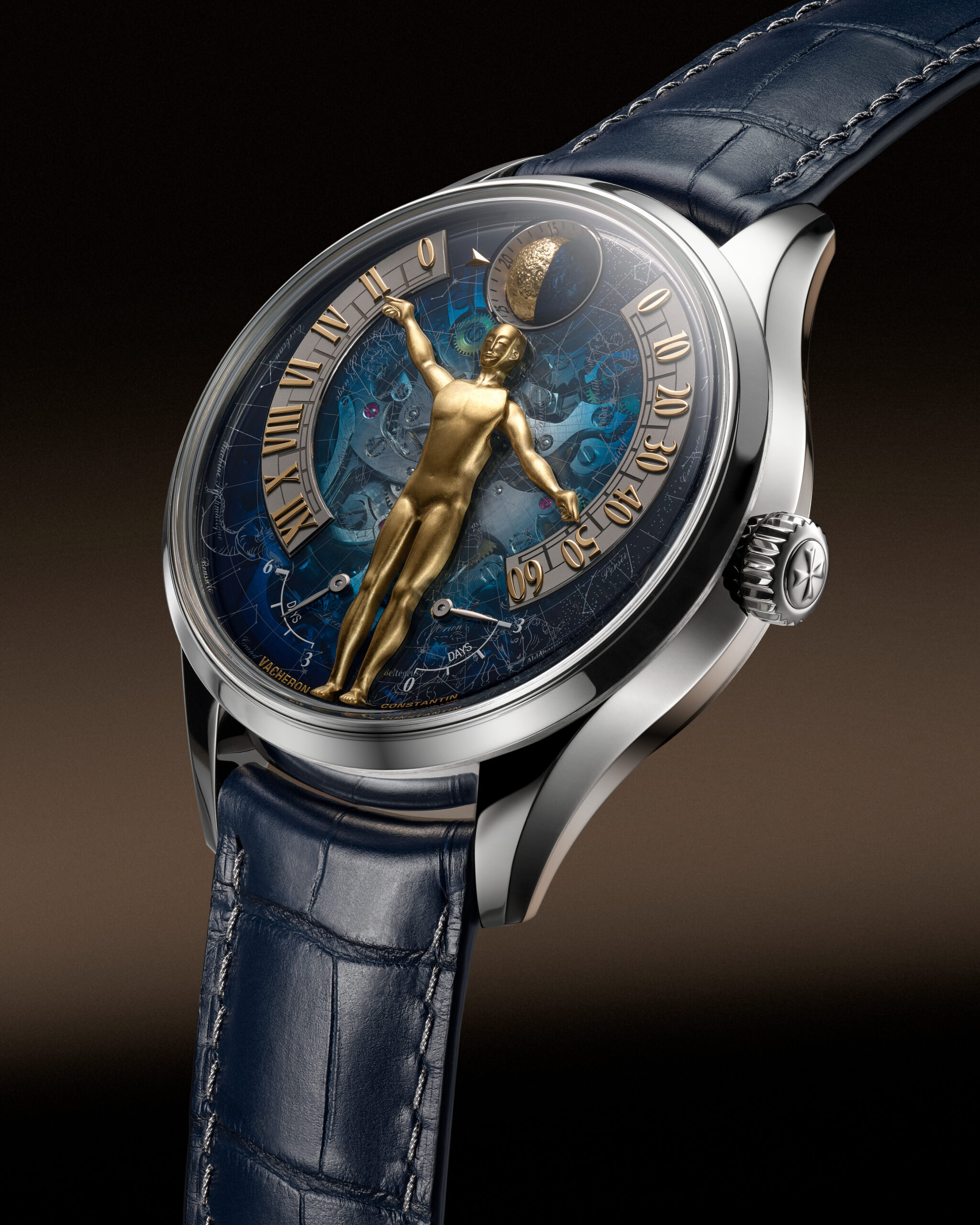 Close-up of the Métiers d’Art Tribute to the Quest of Time dial with golden titanium figure, retrograde displays, and spherical moon phase.
