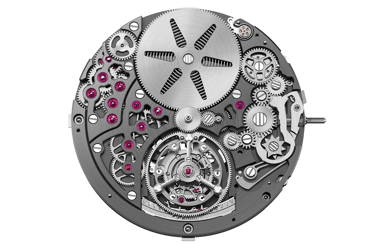 Der Automatik- und Handaufzug, das Zeigerstellwerk und das Räderwerk befinden sich auf der Zifferblattseite des Uhrwerks, wodurch ein ultraflaches Profil erzielt werden kann