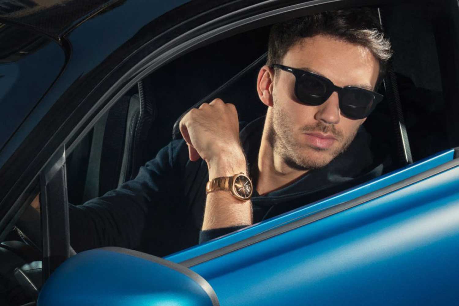 Pierre Gasly wearing the H. Moser & Cie. Streamliner Tourbillon Pierre Gasly Edition Reference 6805-0411
