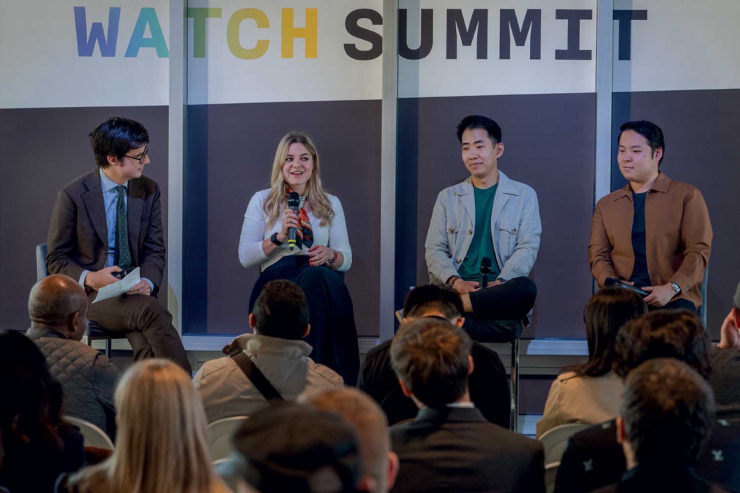 Tim Jeffreys, Deputy Editor of Editorial, Hodinkee (moderator), Ines Hatzmannsberger, International Communication, Nomos Glashütte, James Kong, Fleming, @waitlisted, TanTan Wang, Editor, Hodinkee (Image Credit: Alex Merillou)