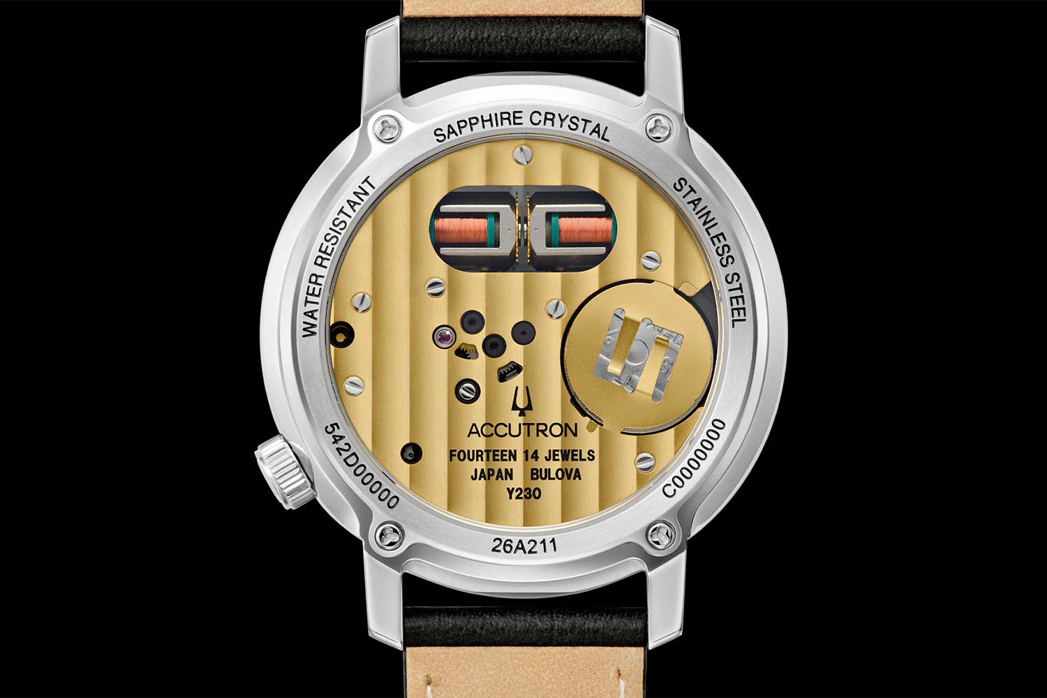 Caseback view of the Spaceview 314 showing the tuning fork’s copper coils and movement layout