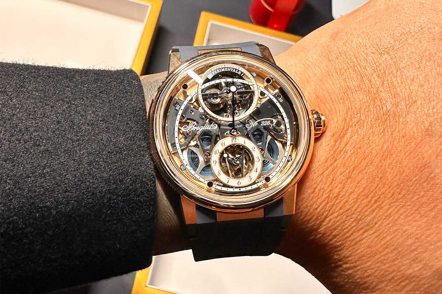 Wei's wristshot of the Breguet Expérimentale 1, showcasing its openworked architecture and groundbreaking magnetic-escapement tourbillon in full motion