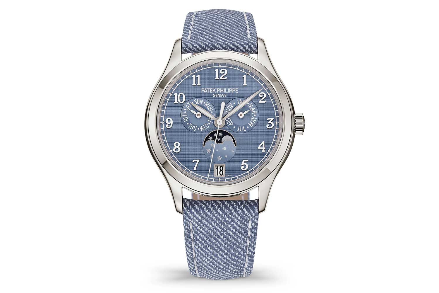 Patek Philippe Ref. 4946G-001 annual calendar with blue-grey dial, Arabic numerals and denim-style strap