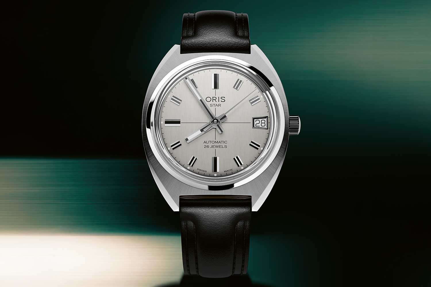 Oris Star Edition watch with silver dial, cushion-shaped case and black leather strap
