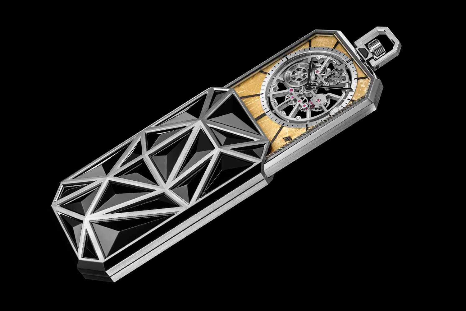 Audemars Piguet Nomade closed case with geometric faceted design in metal, partially revealing skeletonised movement inside