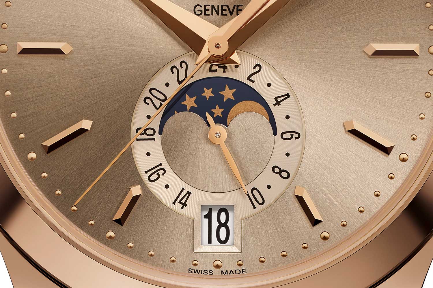 Close-up of Patek Philippe Ref. 5396R-016 with sand-beige dial, rose gold hands, moonphase and date display