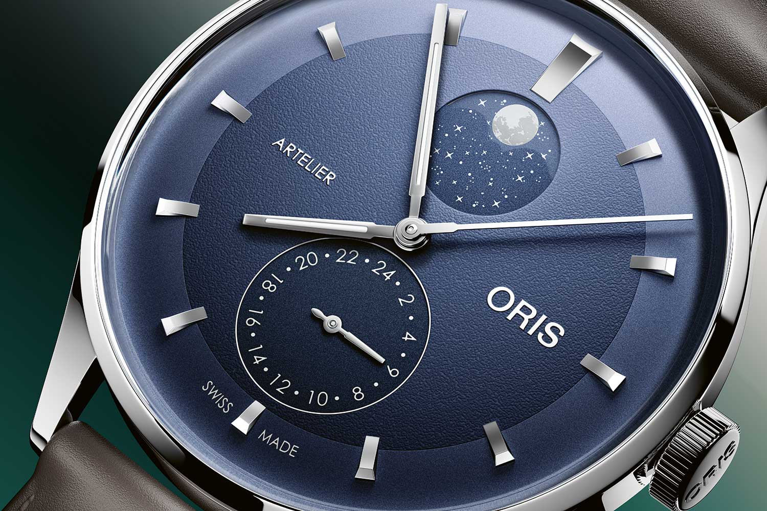 Oris Artelier Complication blue dial with moonphase display and pointer date subdial