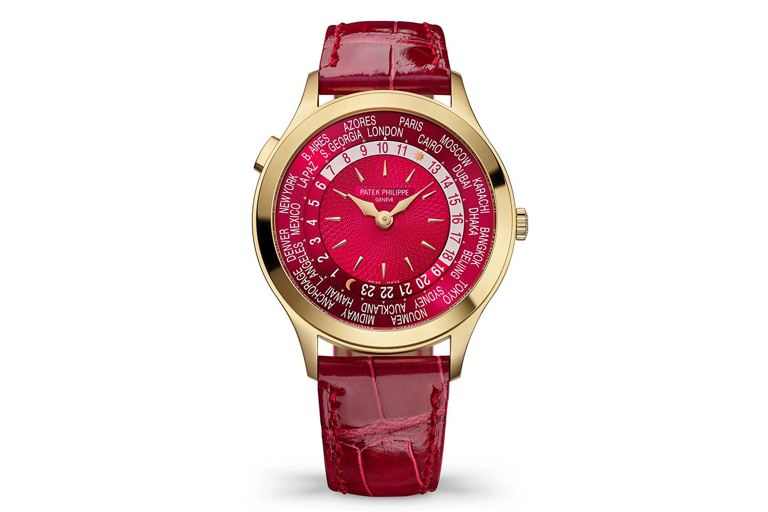 Patek Philippe World Time Ref. 7129J-001 with red guilloché dial, city ring and yellow gold case