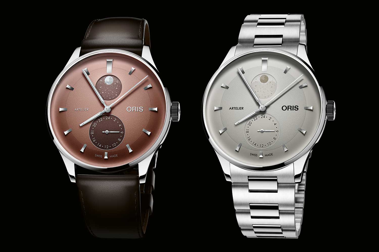 Two Oris Artelier Complication watches with different dial colours and strap or bracelet configurations