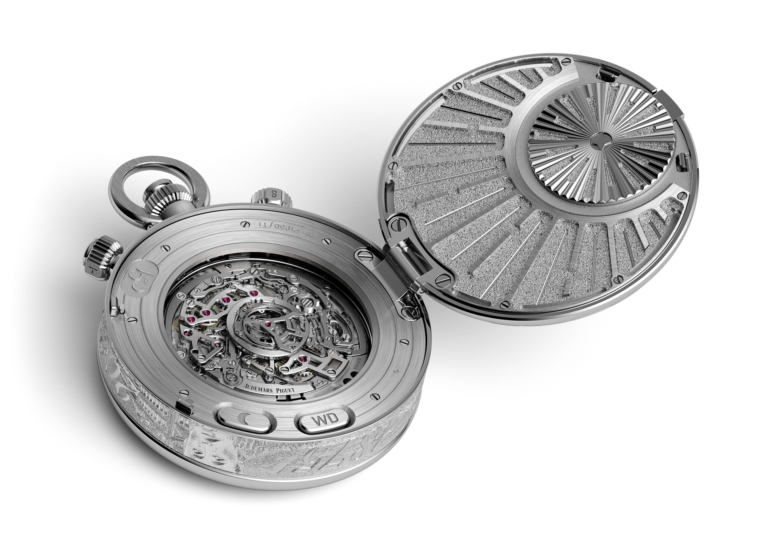 This design reveals the back of the (Caliber 1150) caliber and the world calendar mechanism, showing the inner surface of the hidden decoration in the back cover, which also acts as a sound enhancer.