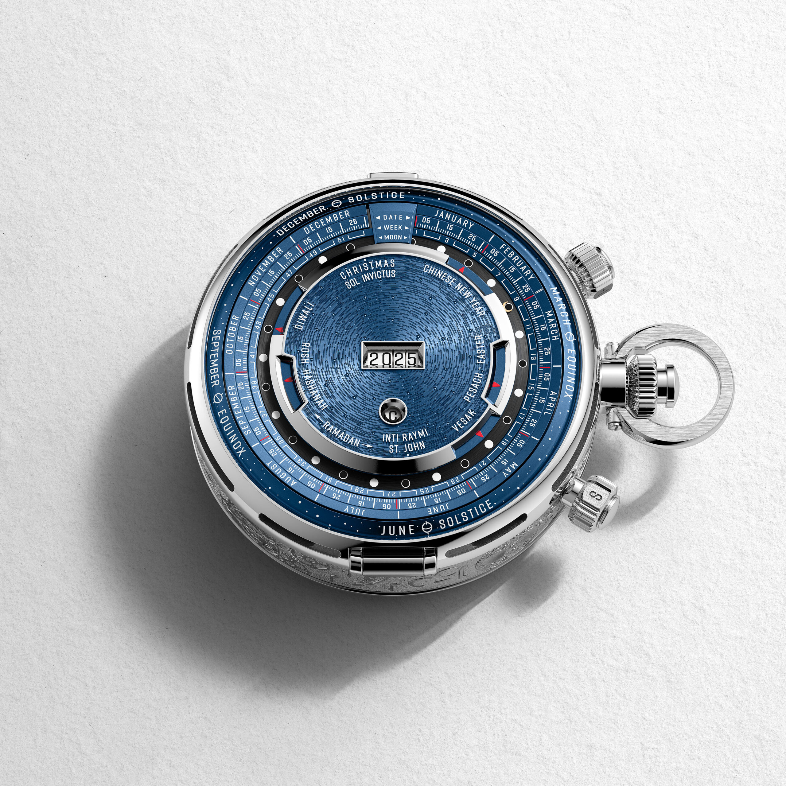 The world calendar can display dates for events such as Christmas, Ramadan, St. John's Day, Diwali, Easter, and Chinese New Year, for any year from 1900 to 2099