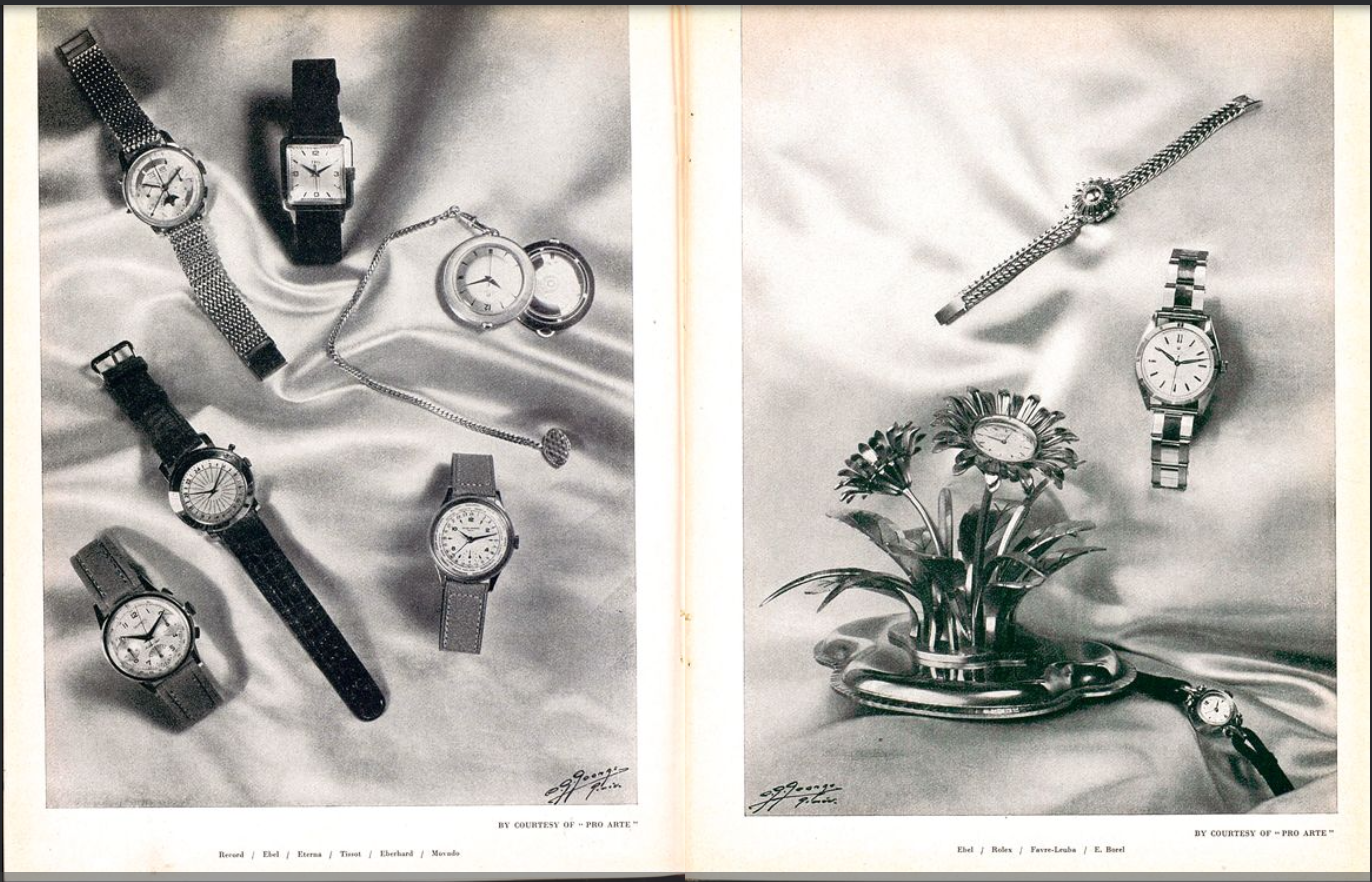Black-and-white vintage spread of wristwatches and pocket watches photographed on fabric, credited to Pro Arte
