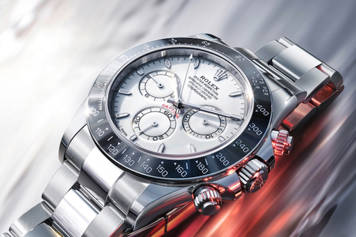 Front view of Rolex Cosmograph Daytona with white dial and black ceramic bezel