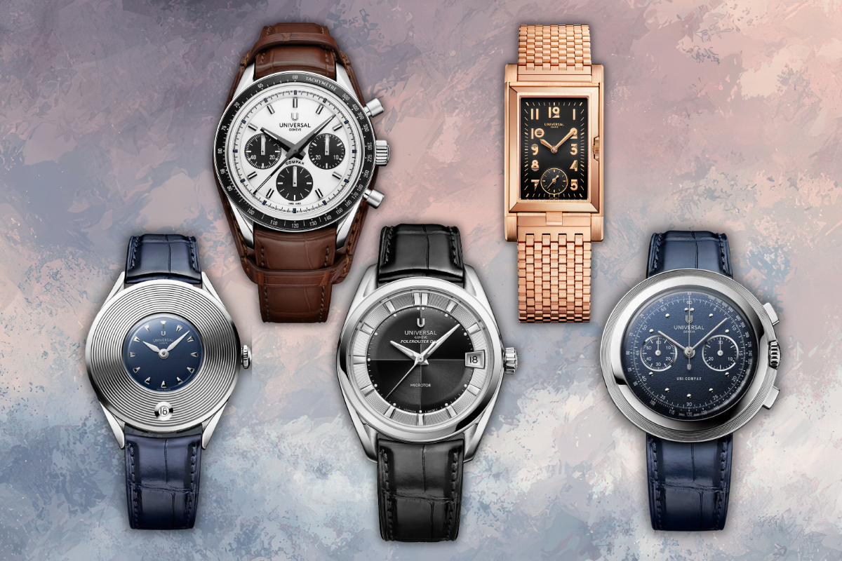 A lineup of Universal Genève watches spanning key collections, including Cabriolet, Dioramic, Compax, Polerouter, Disco Volante, and Disco Mini, showcasing a range of designs from classic to contemporary