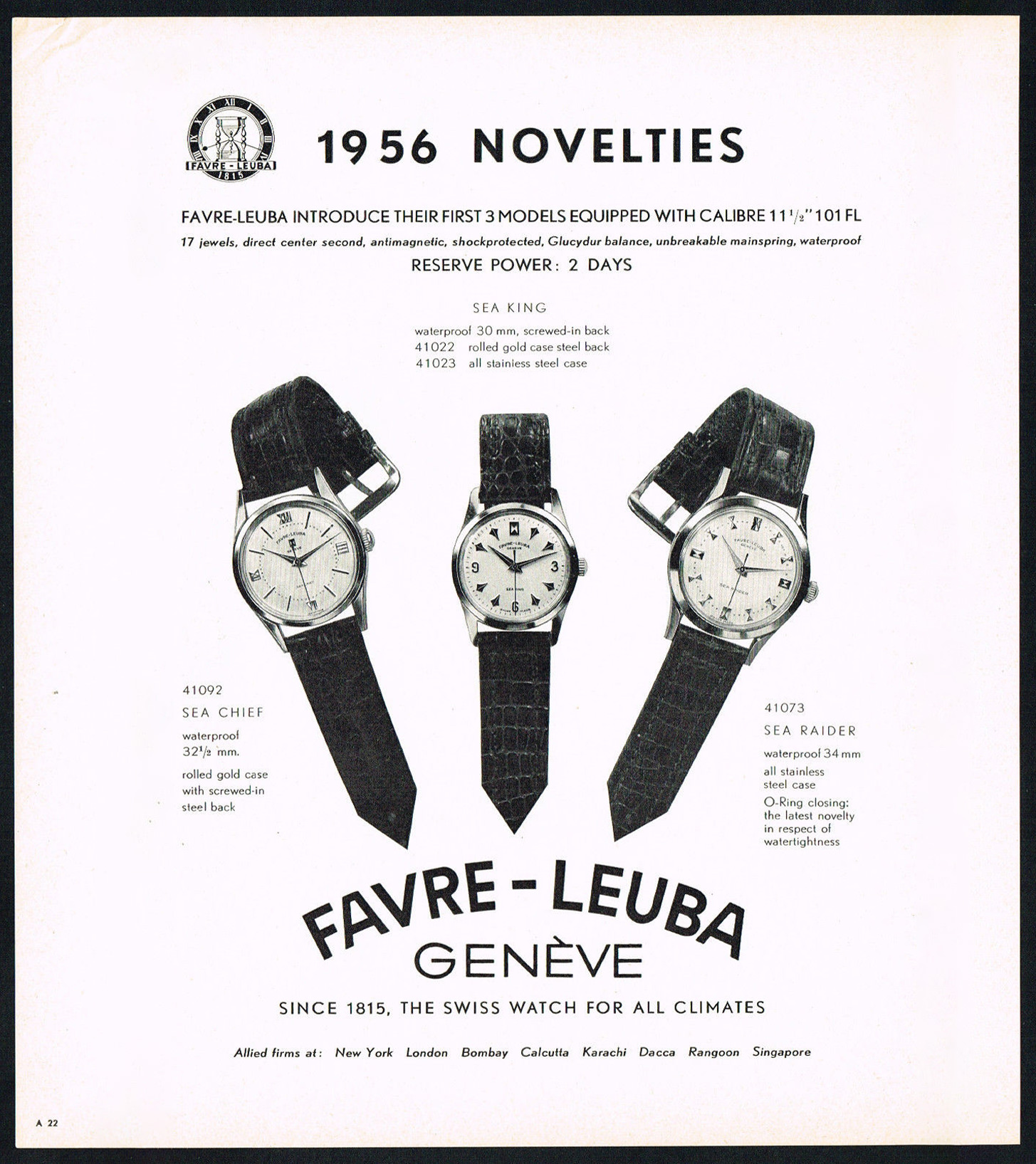 Vintage Favre Leuba advertisement from 1956 showing three wristwatch models and technical specifications