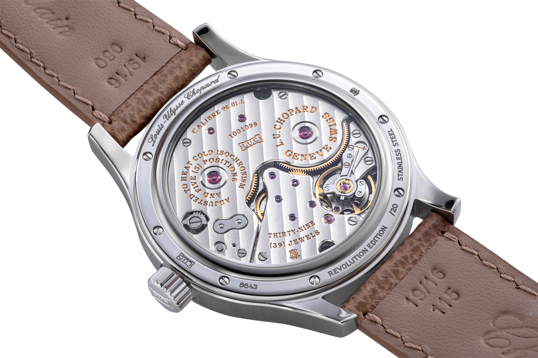 Angled view of the movement of the Chopard L.U.C Quattro Origin on a white background, showing the Calibre 1.98 with diagonal Côtes de Genève stripes, ruby jewels, gold gear elements, swan-neck regulator, and "Revolution Edition /20" caseback engraving