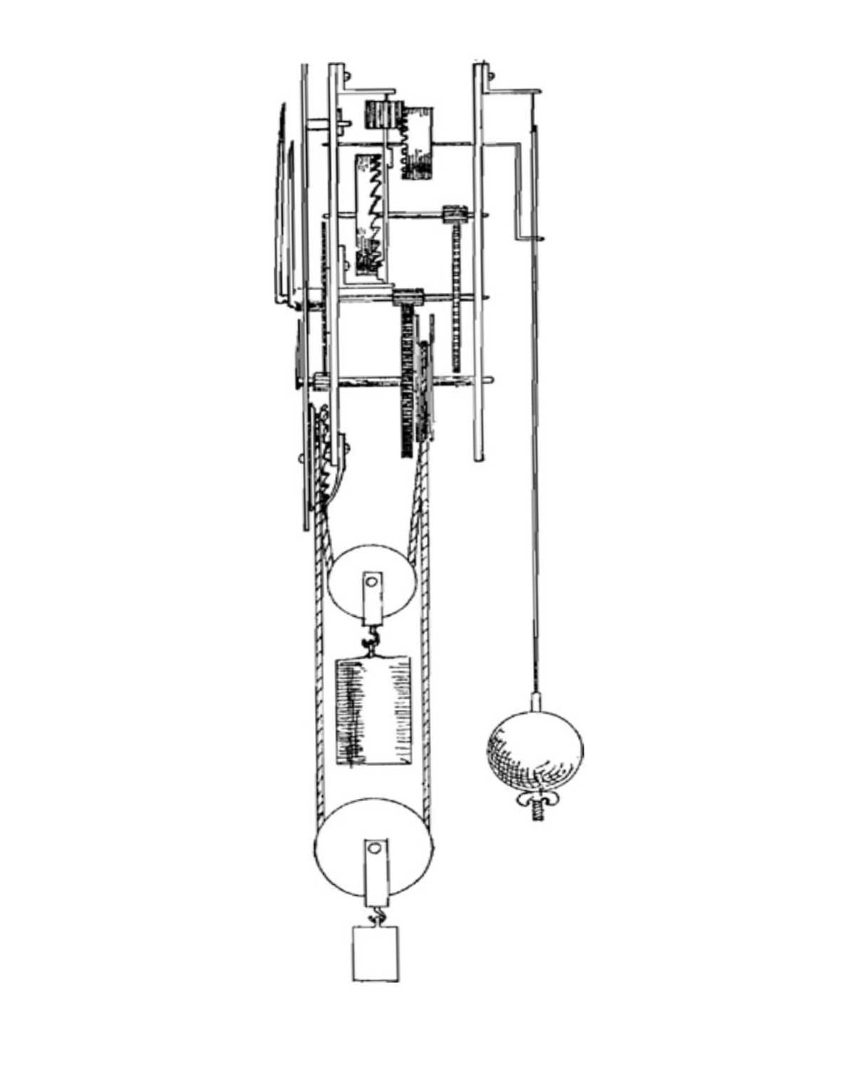 This drawing is from Christiaan Huygens’s treatise Horologinm Oscillatorium, published in 1673 in Paris. It records improvements to the mechanism that Huygens had illustrated in the 1658 publication of his invention, titled Horologium