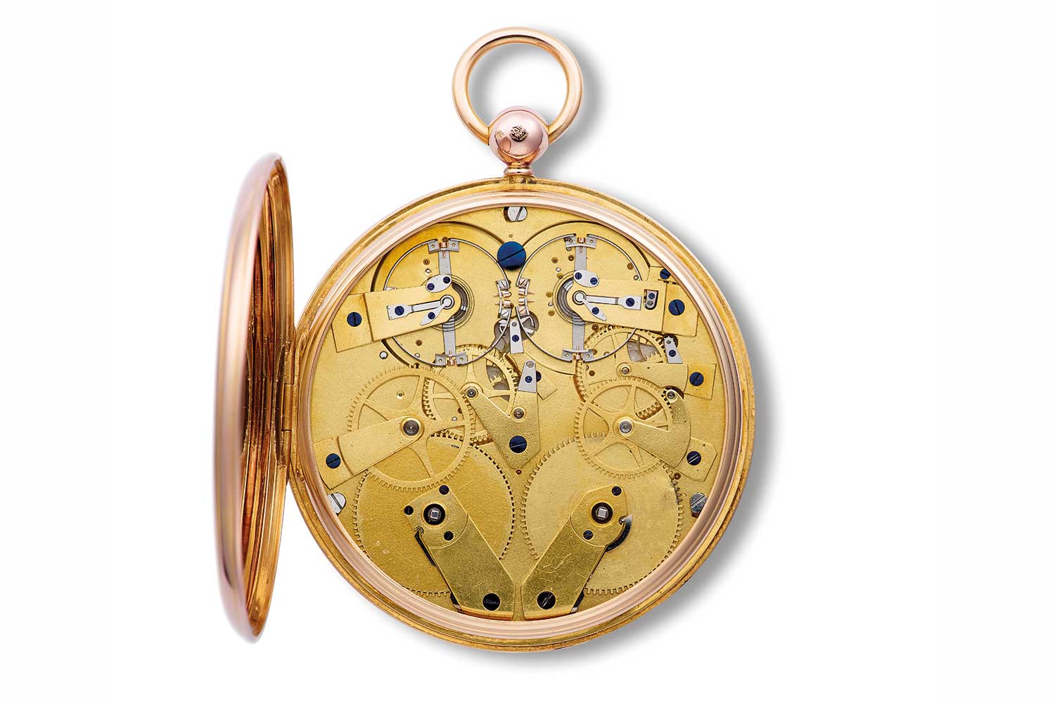“Breguet et Fils” No. 2667, sold to Mr. Garcias in London in 1814. The two movements are incorporated into the same movement plate, each with its own train of wheels. The free-sprung balances are adjacent to one another at the top of the movement, and parachute suspension can be seen on both balance cocks (Image: ©Breguet Museum Collection)