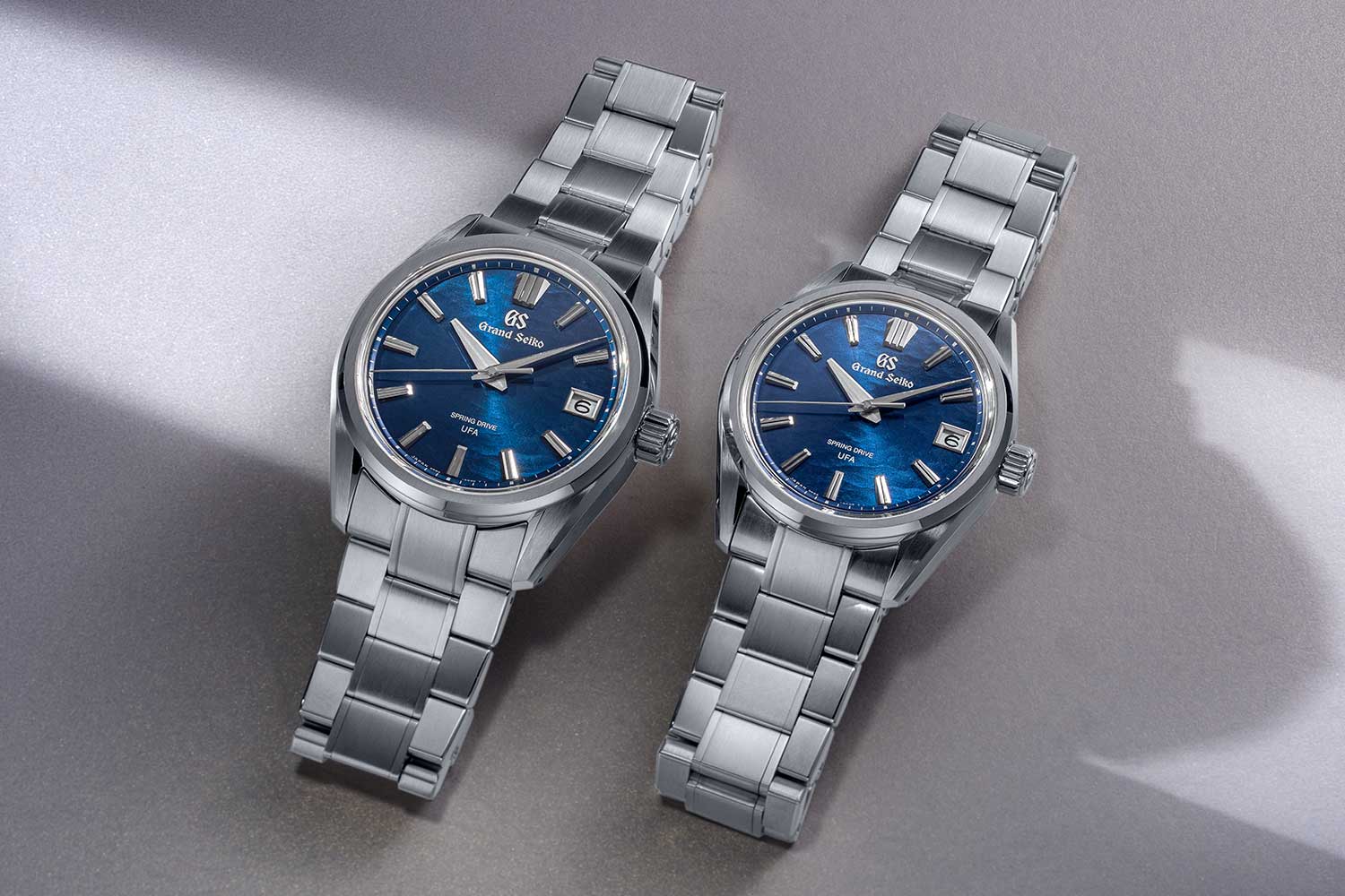 Grand Seiko Evolution 9 Spring Drive U.F.A. SLGB013 (left) and SLGB015 (right) Lake Suwa (©Revolution)