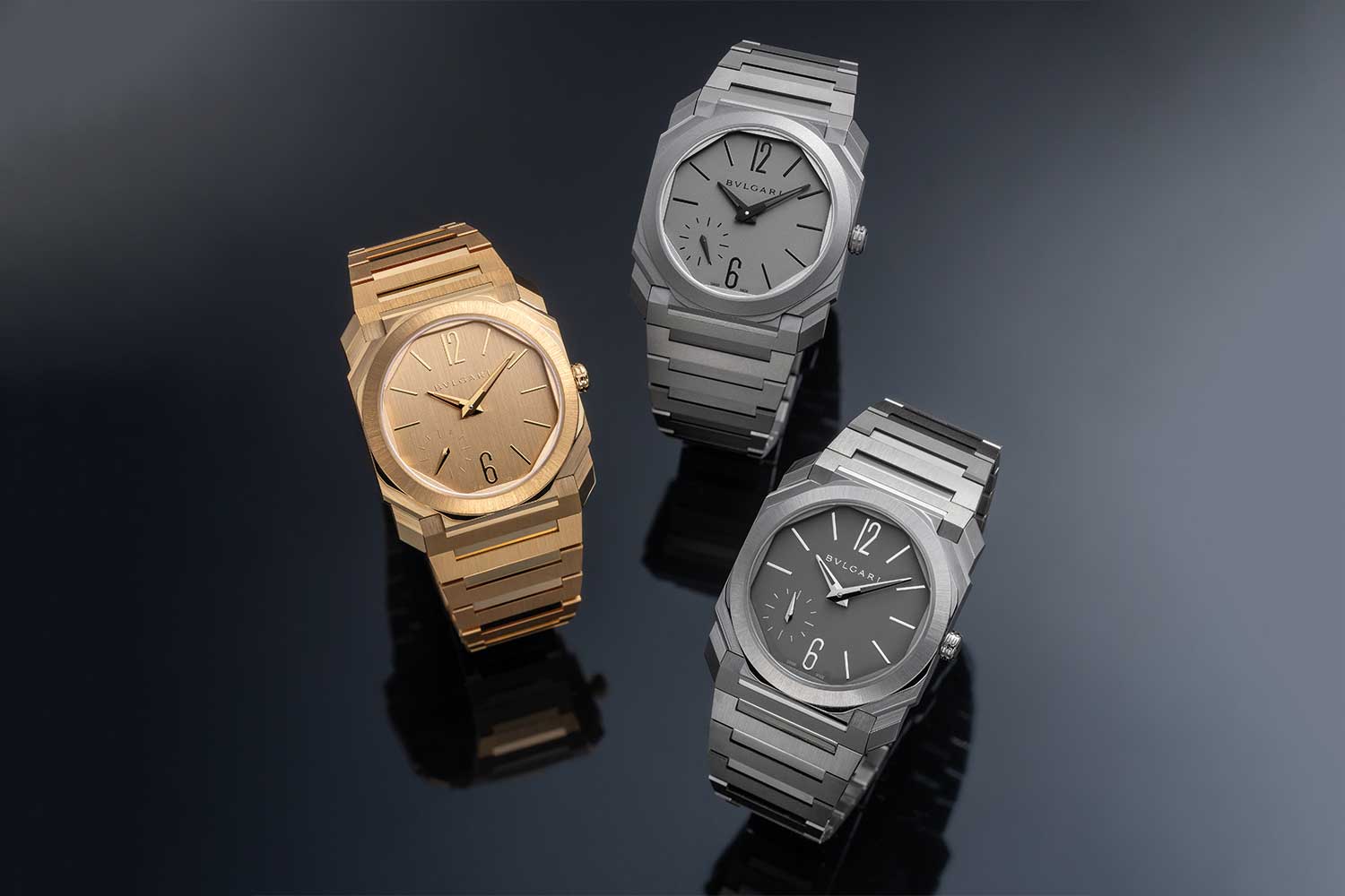 Bvlgari’s trilogy of 37mm automatics for 2026: (clockwise from top) in sandblasted titanium, polished titanium and, last but not least, yellow gold