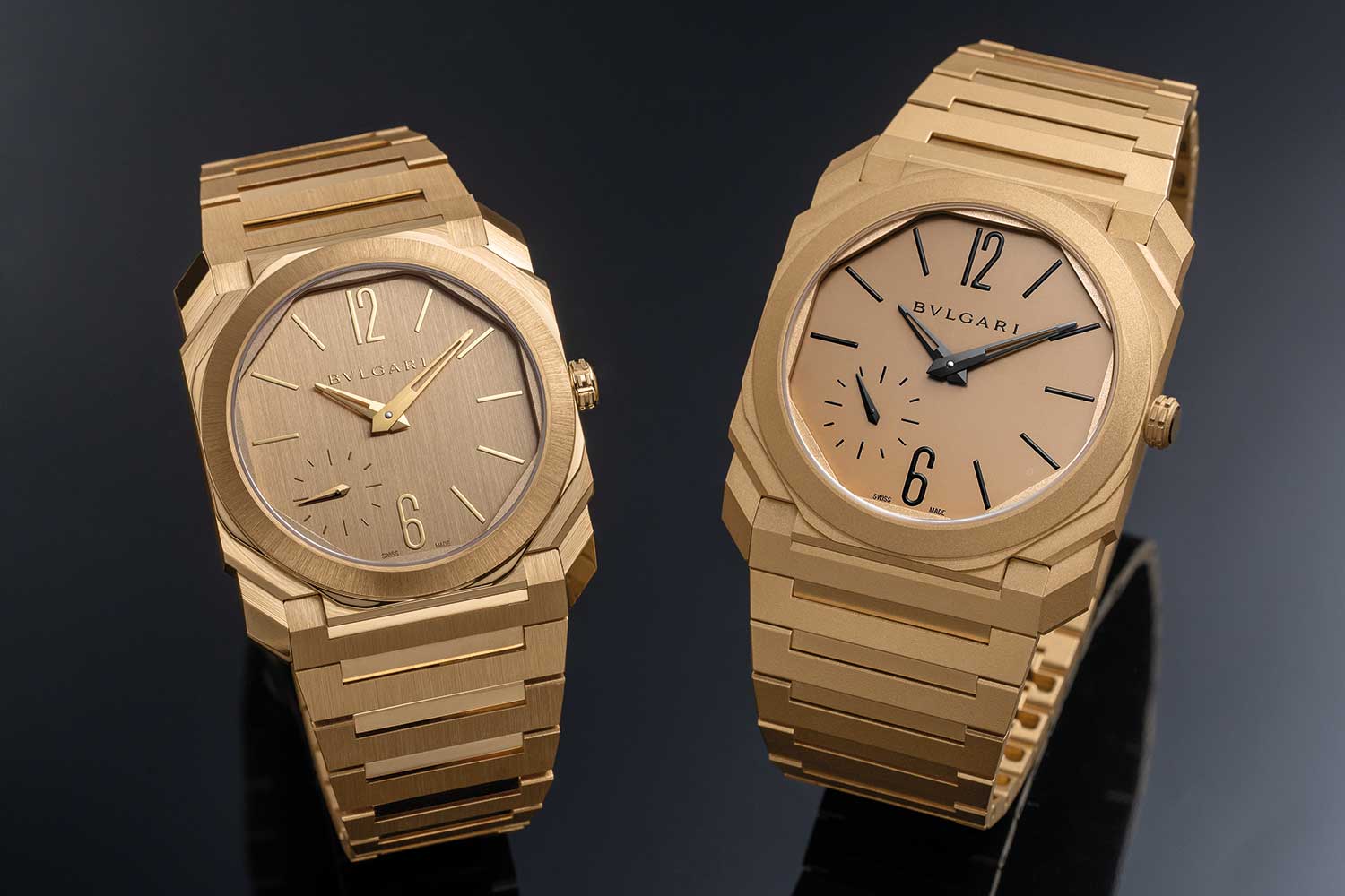 The difference 3mm makes — the new 37mm Octo Finissimo Automatic in yellow gold (left) and its counterpart in 40mm