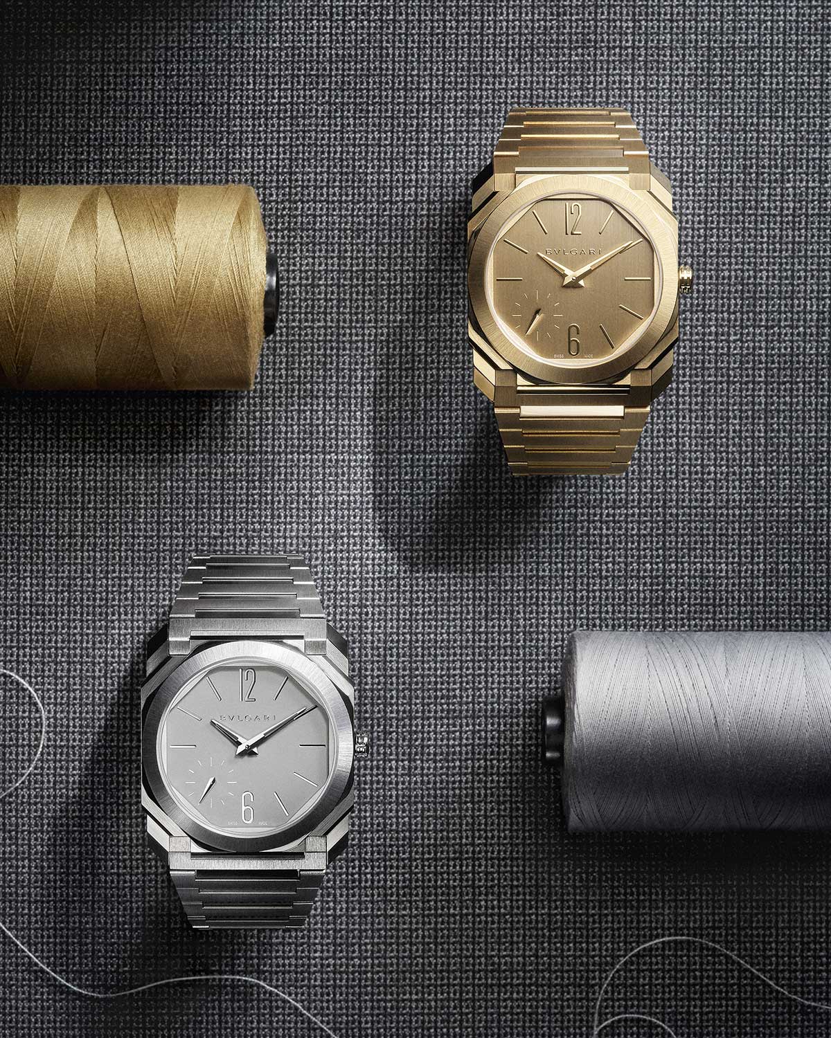 Octo Finissimo 37mm Ref. 104351 (satin-polished titanium) and 104120 (satin-polished yellow gold)